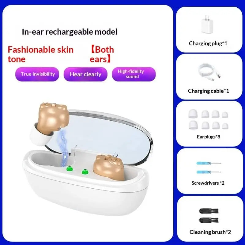 Allebuy electronic hearing aids in fashionable skin tone with charging case and accessories for clear high-fidelity sound