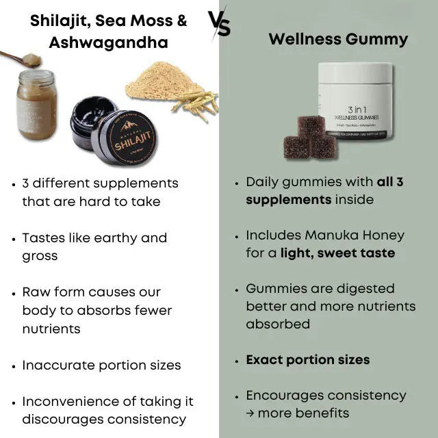 Comparison of Himalayan natural shilajit gummies wellness gummy with shilajit sea moss and ashwagandha supplements