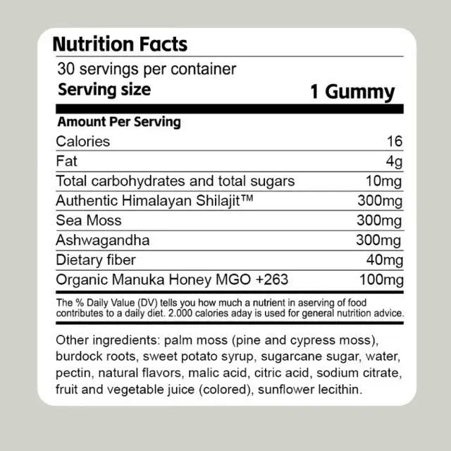 Nutrition facts label for Allebuy Himalayan natural shilajit gummies supplement showing ingredients and serving size
