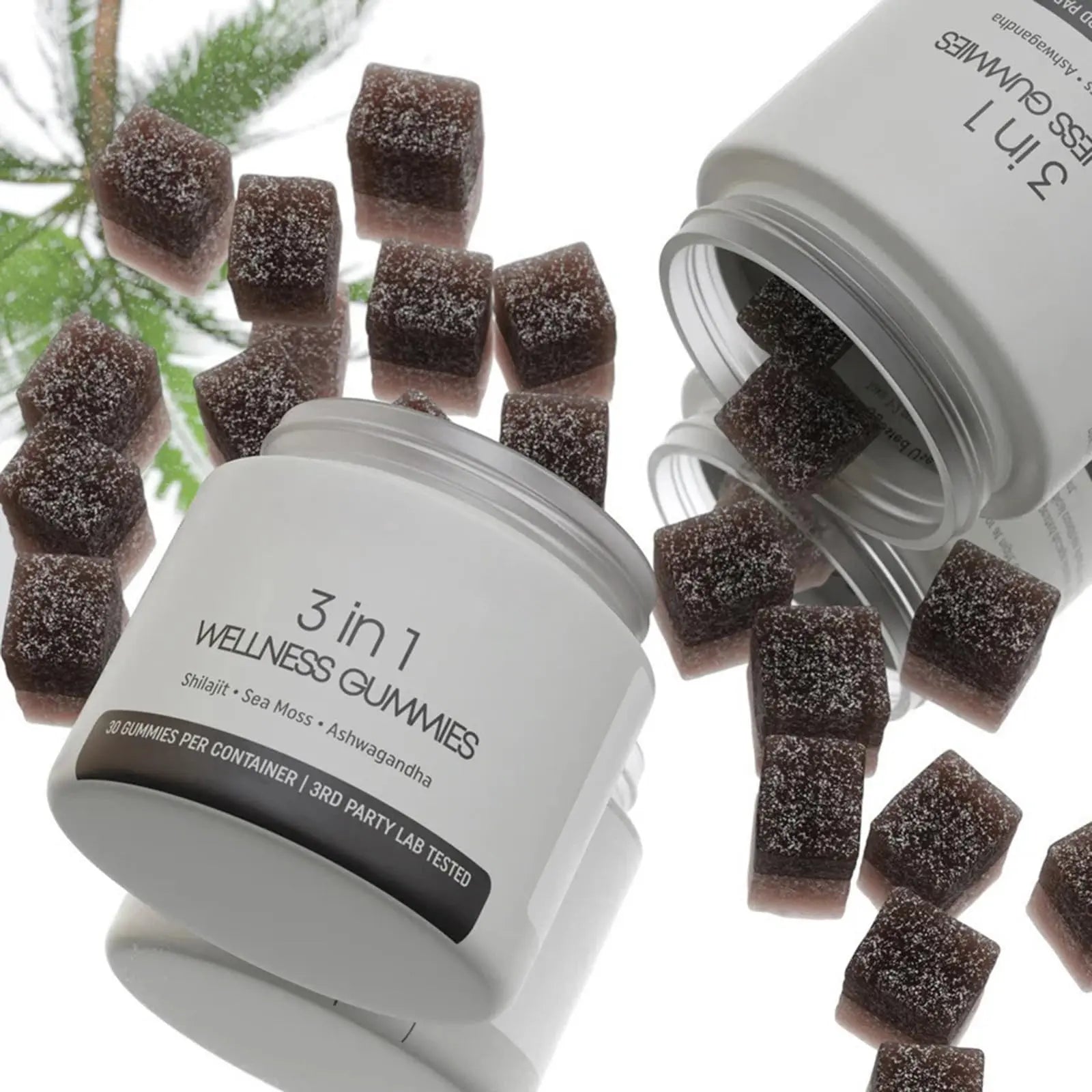 Allebuy 3 in 1 Wellness Gummies jar spilling Himalayan natural shilajit gummies with sea moss and ashwagandha