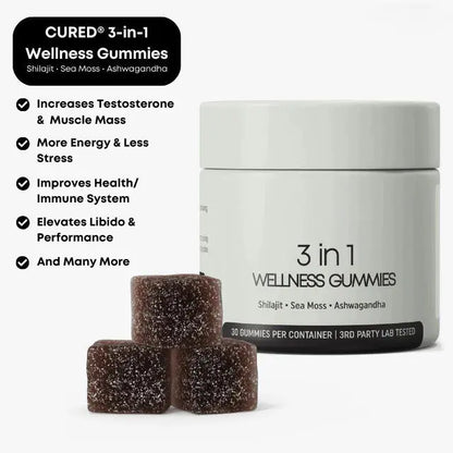 Allebuy Himalayan natural shilajit gummies 3-in-1 wellness supplement with sea moss and ashwagandha in white container and three brown gummies