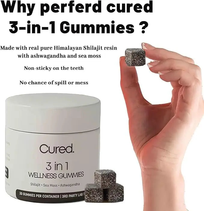 Allebuy supplement container of Cured 3 in 1 Wellness Gummies with Himalayan shilajit honey sticks held by hand
