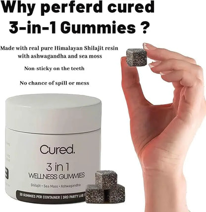 Allebuy supplement container of Cured 3 in 1 Wellness Gummies with Himalayan shilajit honey sticks held by hand