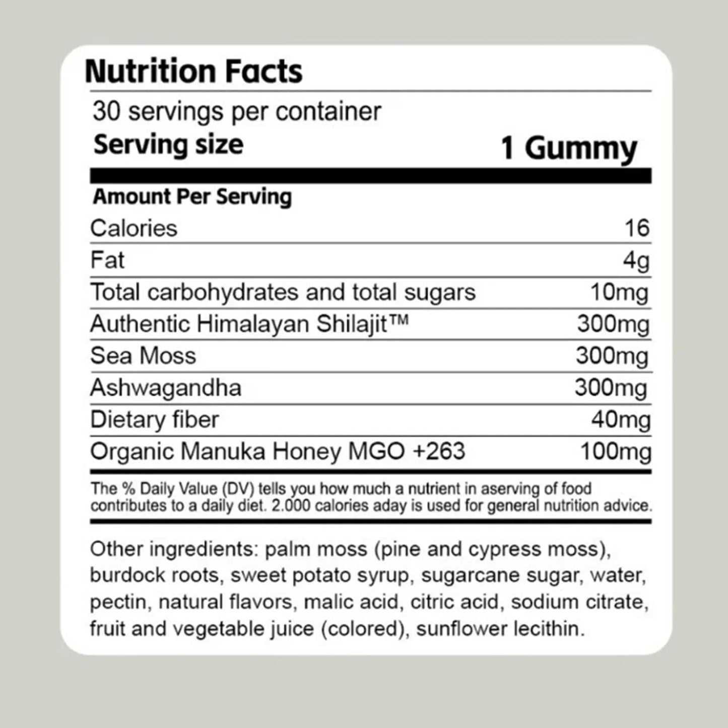 Nutrition facts label for Allebuy Himalayan Shilajit Honey Sticks supplement showing ingredients and serving size