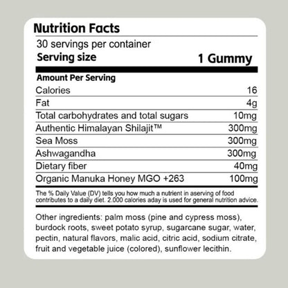 Nutrition facts label for Allebuy Himalayan Shilajit Honey Sticks supplement showing ingredients and serving size