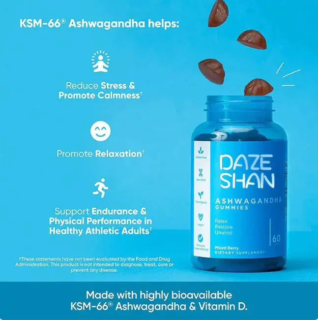 Daze Shan Ashwagandha gummies bottle by Allebuy with benefits for stress relief and relaxation