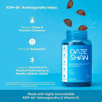 Daze Shan Ashwagandha gummies bottle by Allebuy with benefits for stress relief and relaxation