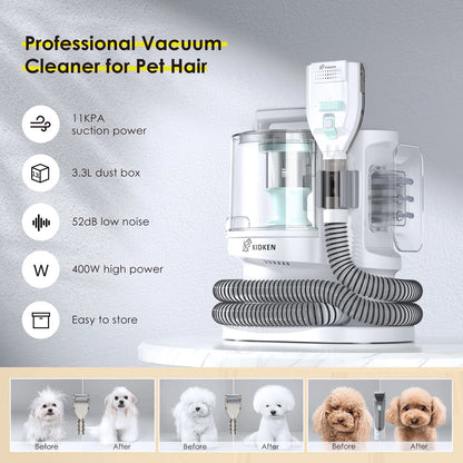 3.5L Pet Grooming Vacuum Kit, Suction Professional Dog Cat Hair Clipper 5-In-1 Green