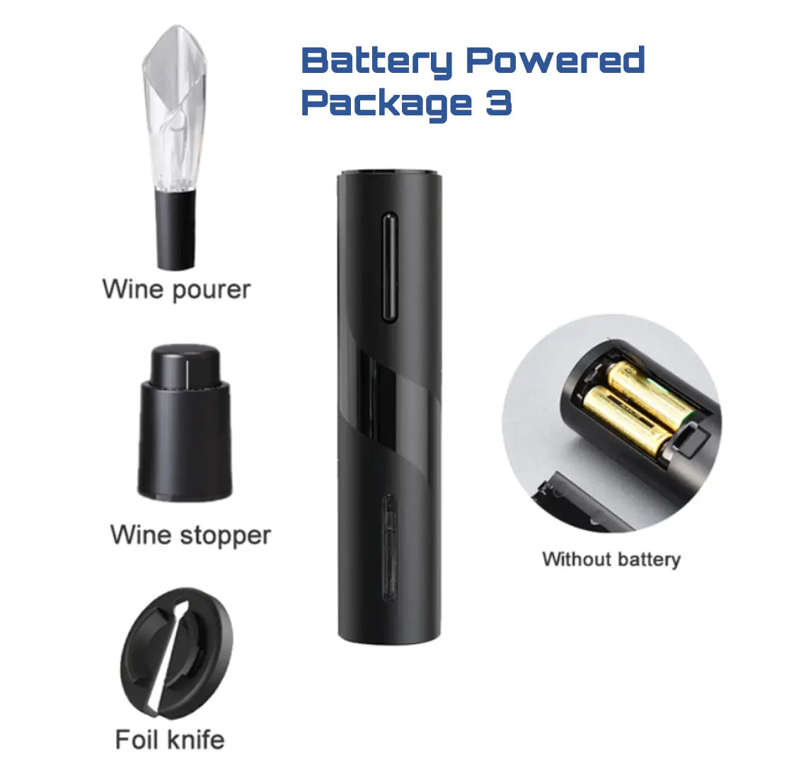 Allebuy electric wine cork opener with wine pourer, stopper, foil knife, and battery compartment