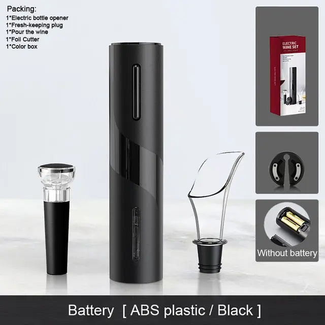 Allebuy electric bottle opener set showing components and how to open wine with a bottle opener