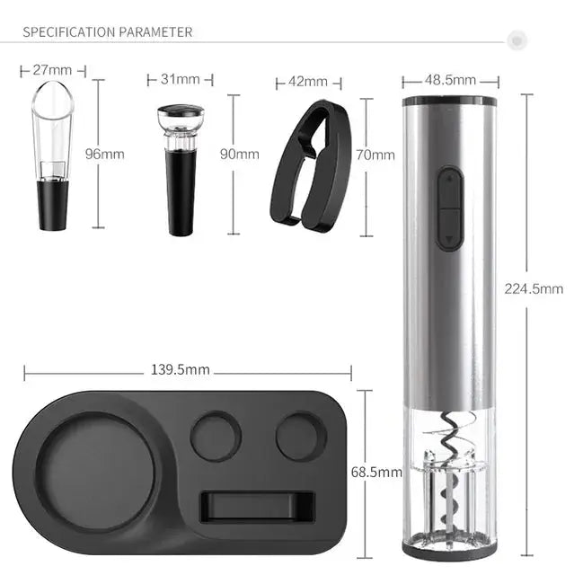 Electric wine bottle opener set with foil cutter and pourer showing dimensions how to open wine with a bottle opener