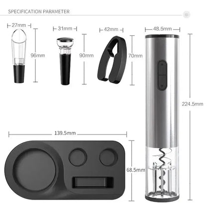 Electric wine bottle opener set with foil cutter and pourer showing dimensions how to open wine with a bottle opener