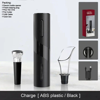 Allebuy electric bottle opener set showing how to open wine with a bottle opener with USB charging and accessories