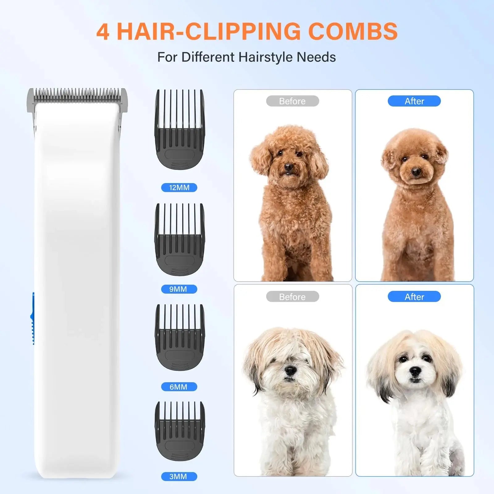 Allebuy pet grooming clipper with four hair-clipping combs showing before and after grooming results dog groomers near me pet grooming