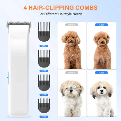 Allebuy pet grooming clipper with four hair-clipping combs showing before and after grooming results dog groomers near me pet grooming