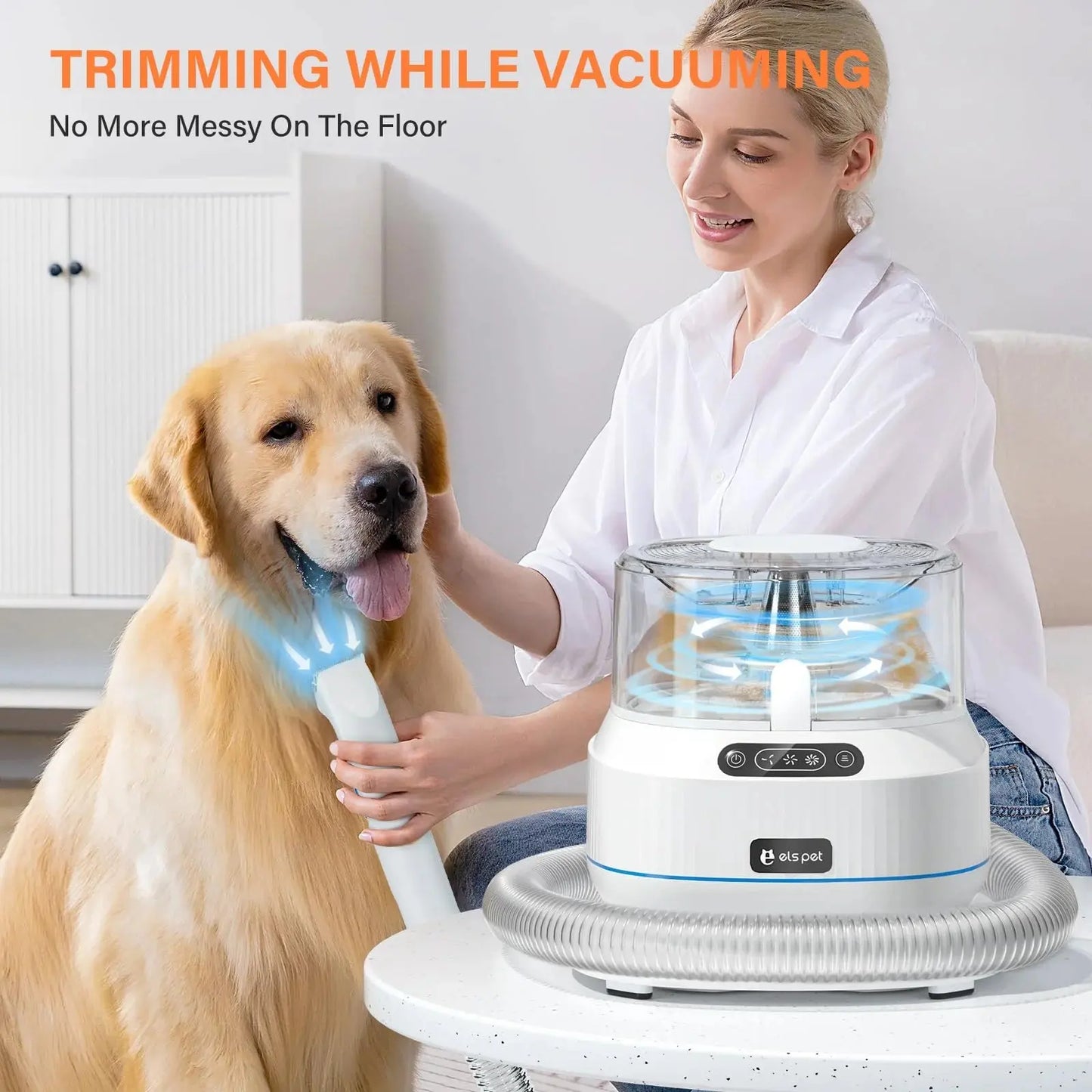 Woman grooming a golden retriever dog using a vacuum pet trimmer from Allebuy for dog groomers near me pet grooming