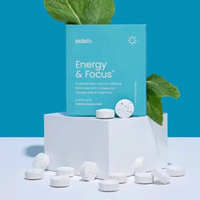 Allebuy Energy & Focus mints supplement box with white tablets and fresh mint leaves nootropics smart drugs