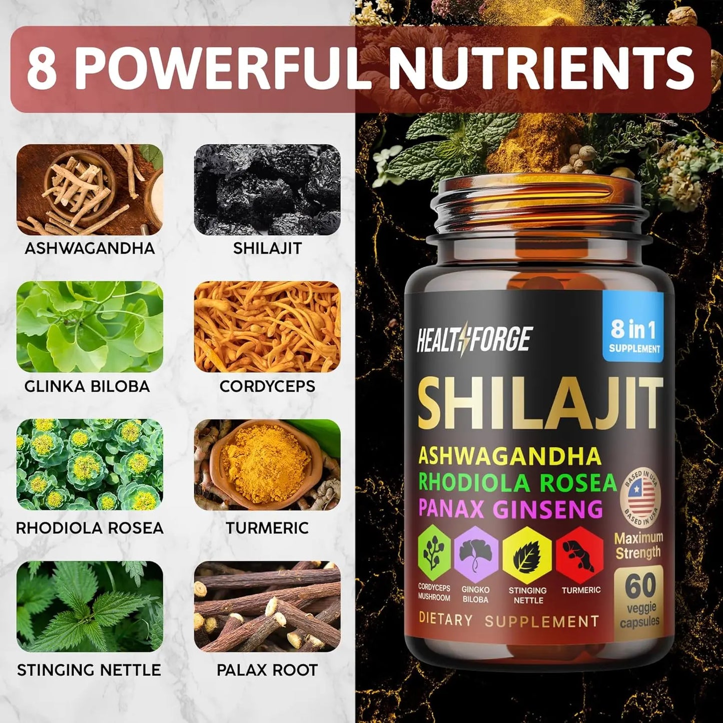 Allebuy ashwagandha dietary supplement bottle with 8 powerful nutrients including shilajit and rhodiola rosea