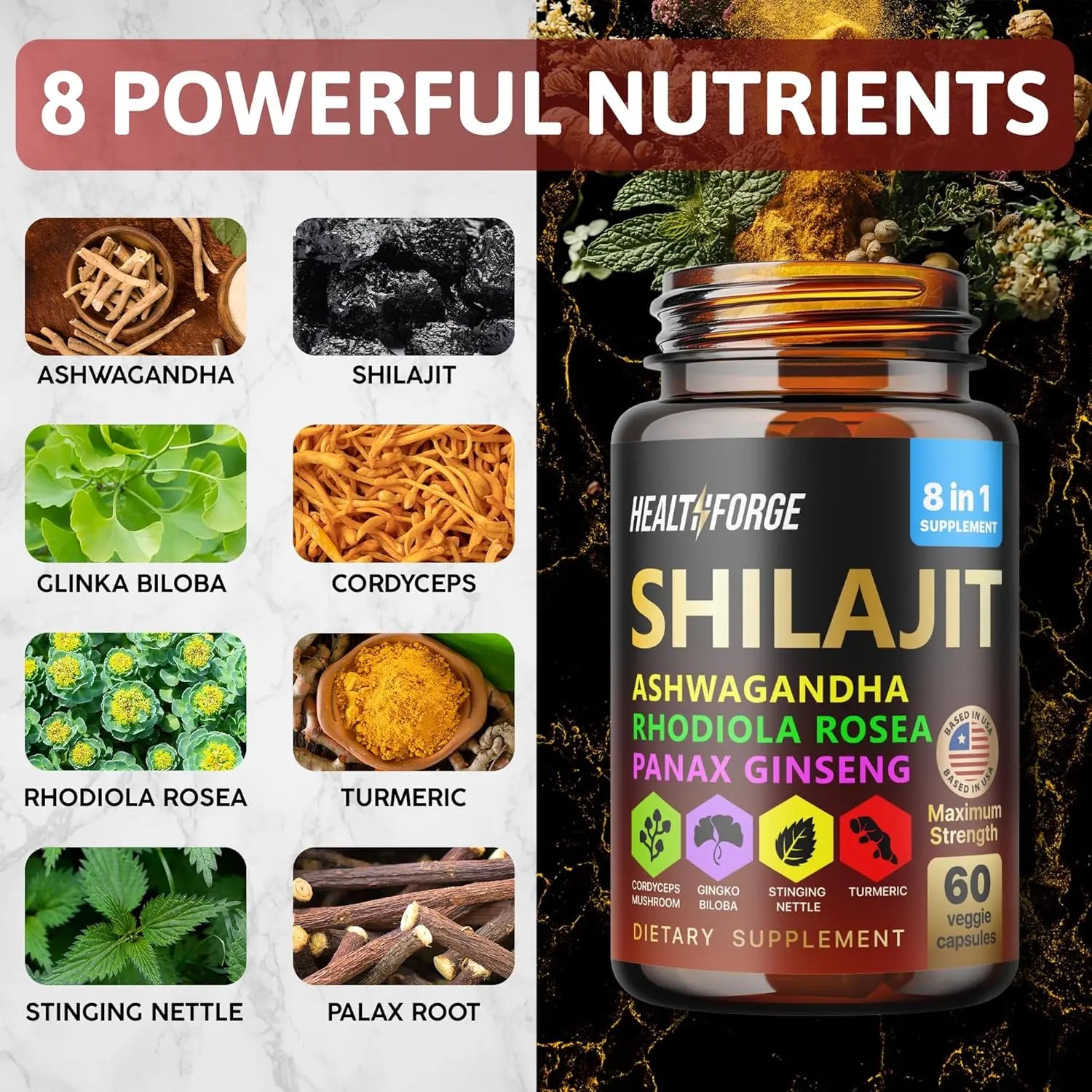 Allebuy ashwagandha dietary supplement bottle with 8 powerful nutrients including shilajit and rhodiola rosea