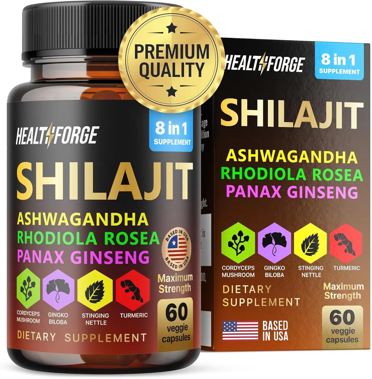 Allebuy ashwagandha dietary supplement with Shilajit, Rhodiola Rosea, Panax Ginseng in 60 veggie capsules