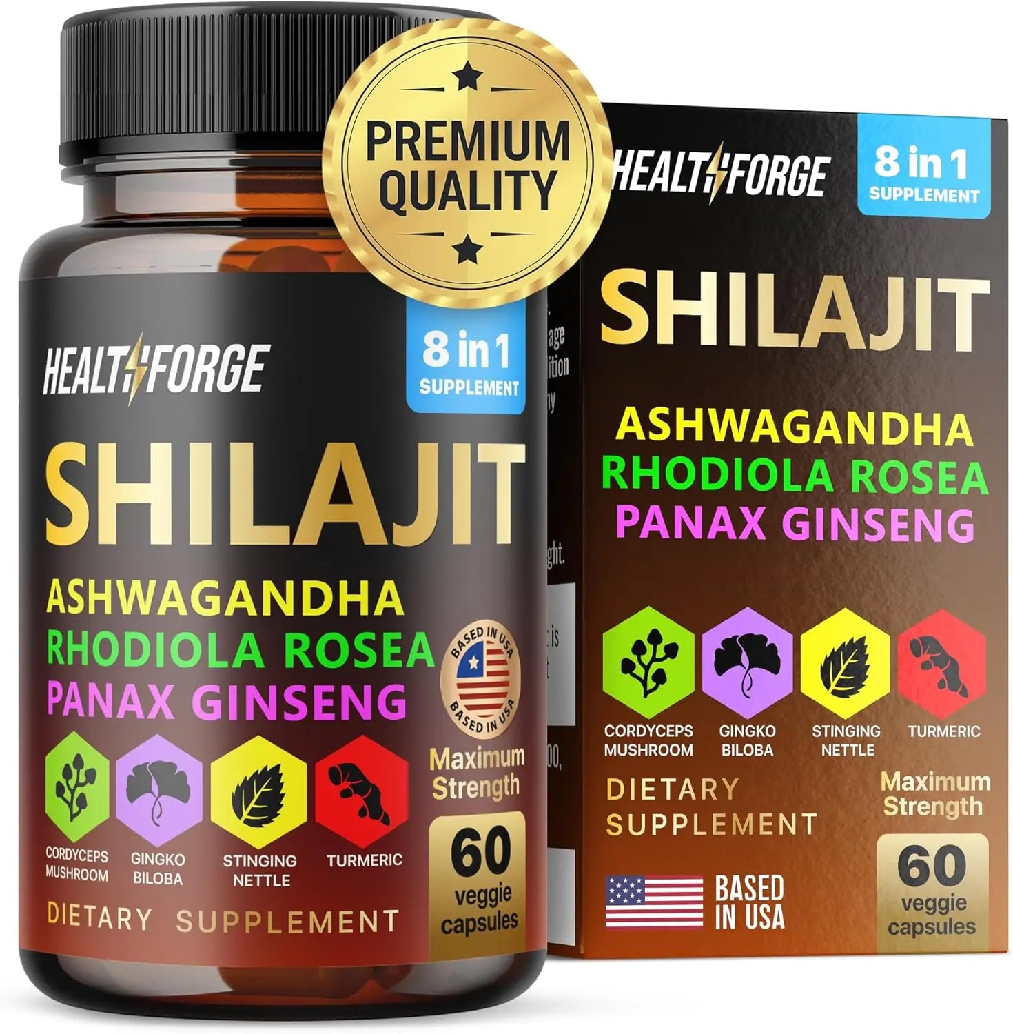Allebuy ashwagandha dietary supplement with Shilajit, Rhodiola Rosea, Panax Ginseng in 60 veggie capsules