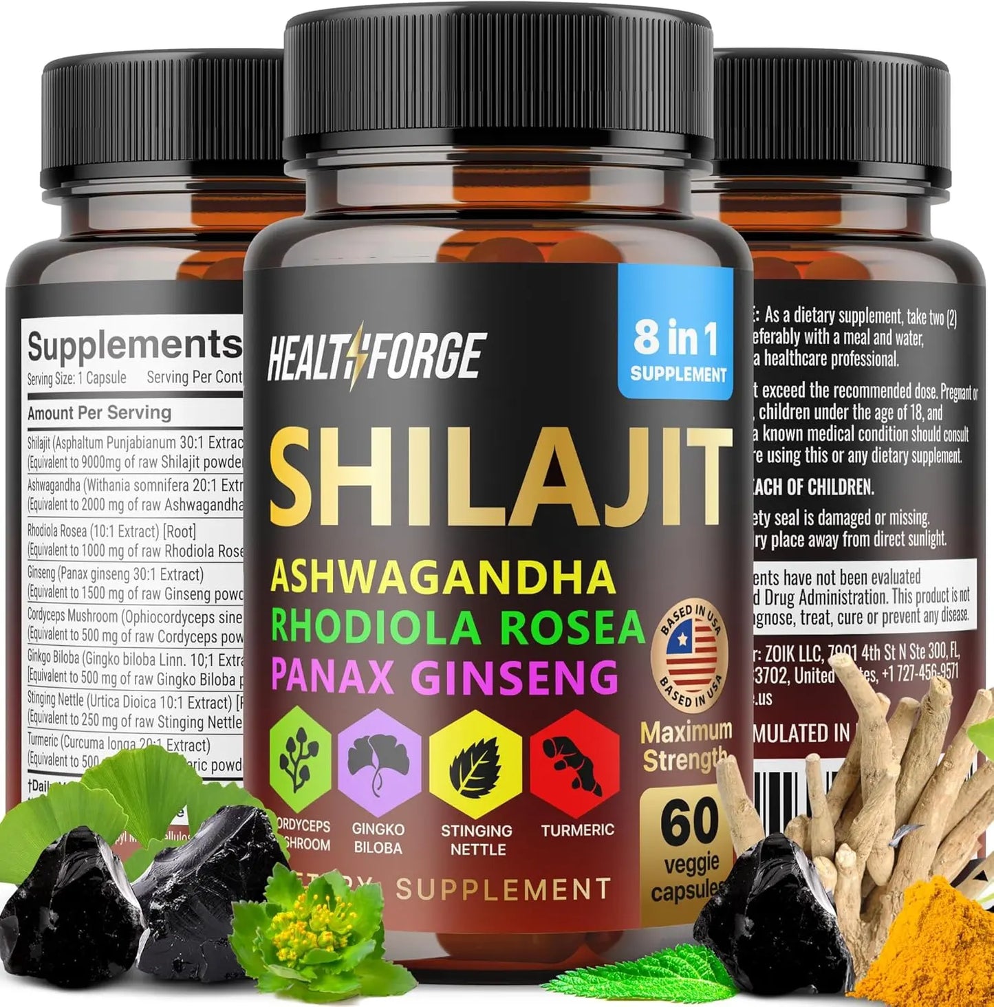 Allebuy Shilajit supplement bottle with ashwagandha dietary supplement and herbs like rhodiola and ginseng