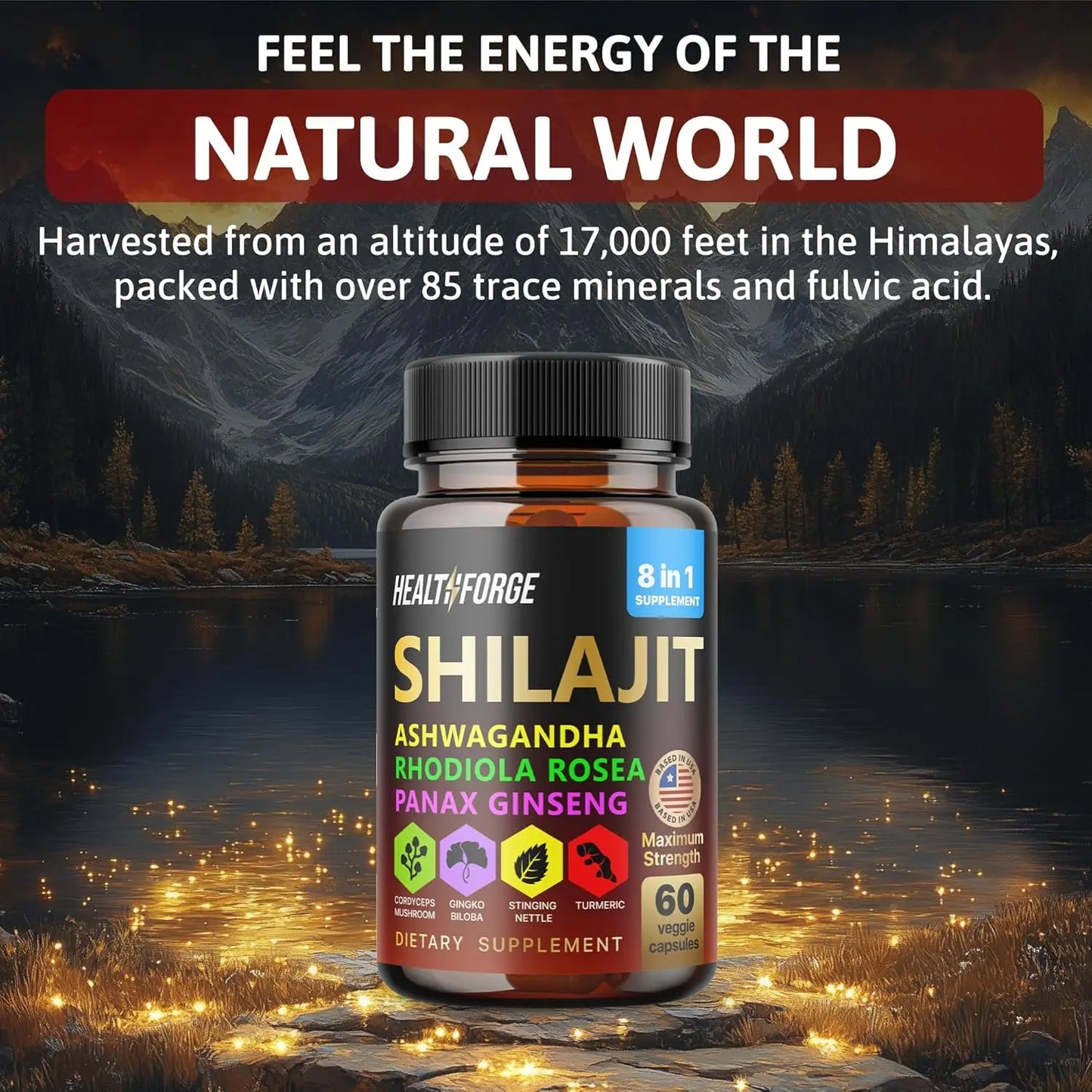 Allebuy ashwagandha dietary supplement bottle with shilajit and ginseng on natural mountain background
