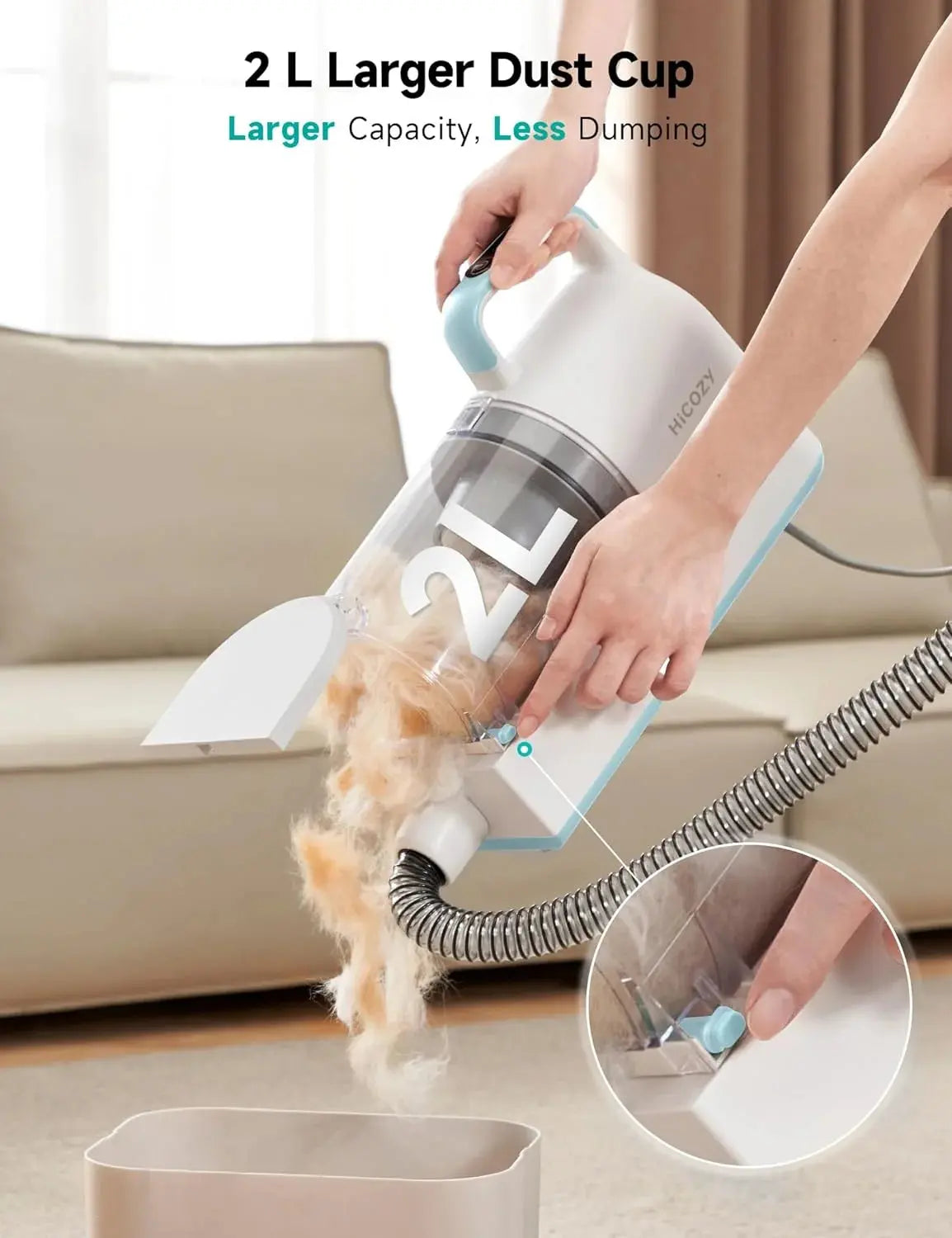 Allebuy handheld vacuum with 2 liter dust cup for dog grooming closest to me, showing easy hair disposal