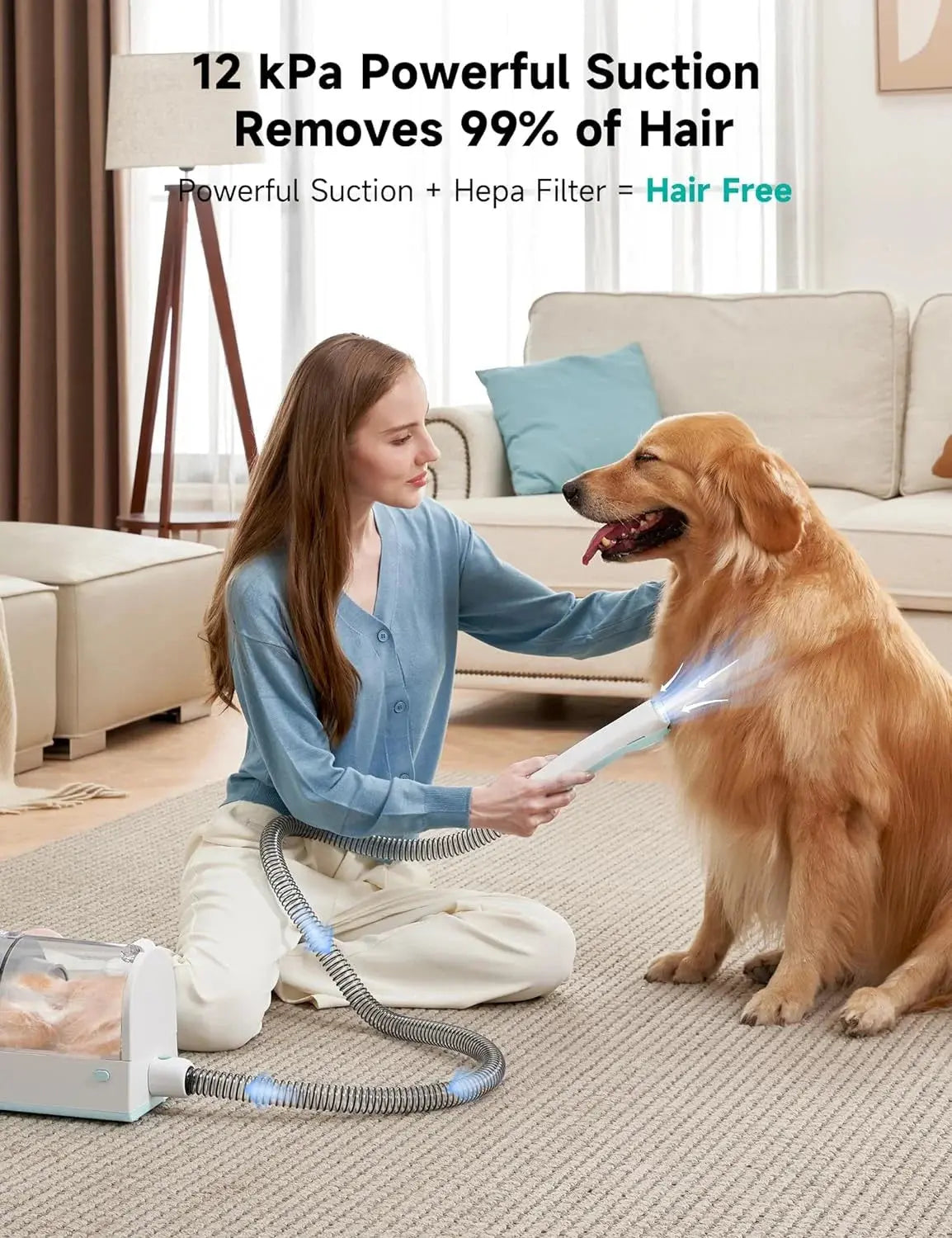 Woman using powerful suction dog grooming tool on golden retriever showing dog grooming closest to me solution