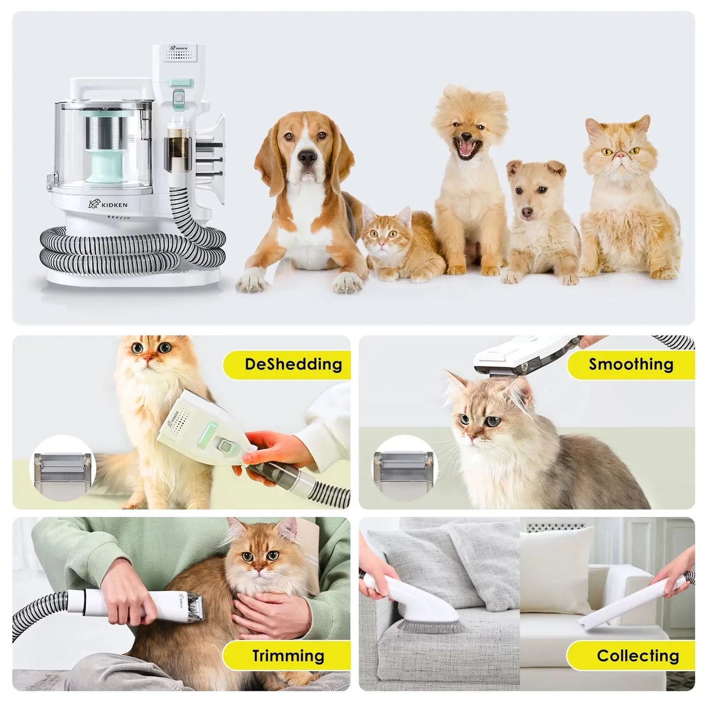 Dog and cat grooming machine with pets showing de shedding smoothing trimming and collecting for dog groomers near me pet grooming