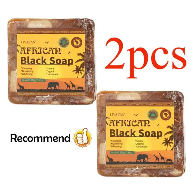 Two pieces of Allebuy African black soap soap bars with natural and organic ingredients