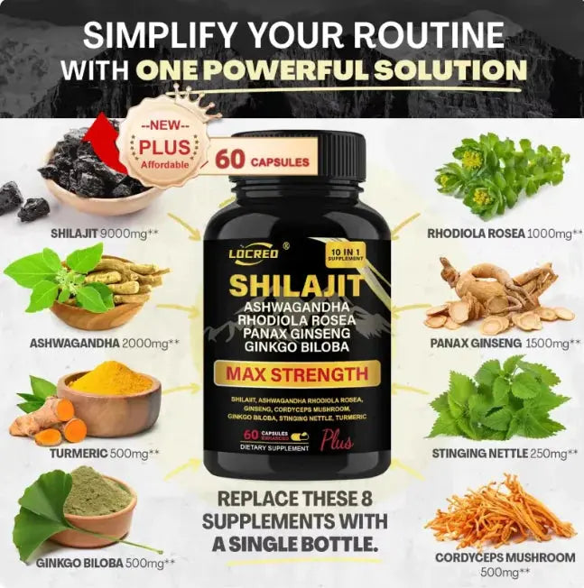 Allebuy Ashwagandha dietary supplement max strength bottle with 60 capsules containing ashwagandha and other herbal extracts