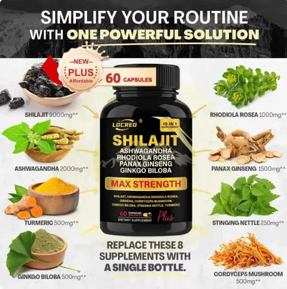 Allebuy Ashwagandha dietary supplement max strength bottle with 60 capsules containing ashwagandha and other herbal extracts