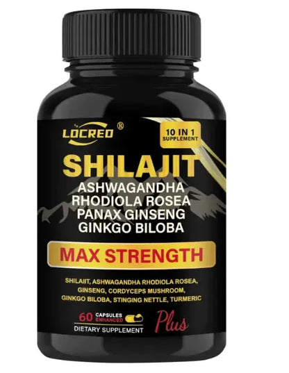 Allebuy ashwagandha dietary supplement with Shilajit max strength formula in a 60 capsule bottle