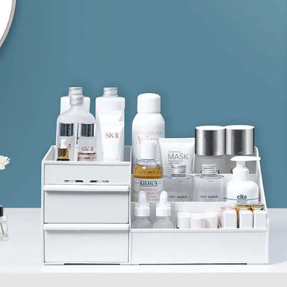 Allebuy white makeup cosmetics organizer with multiple compartments holding skincare bottles and jars
