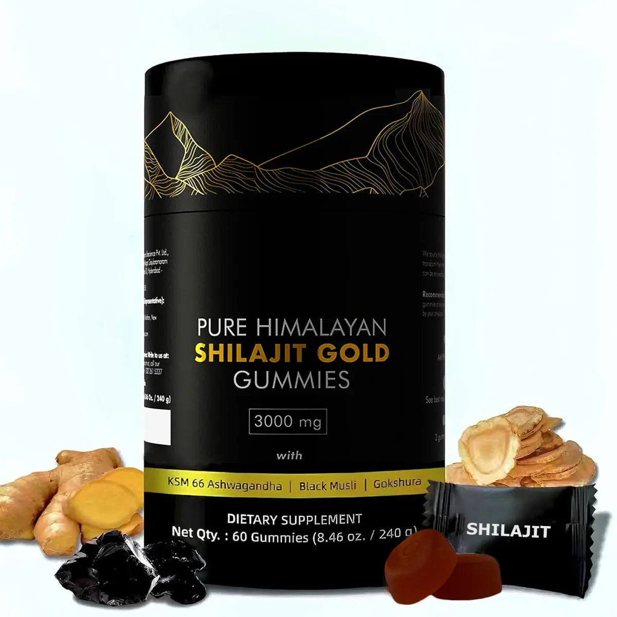 Allebuy Himalayan natural shilajit gummies dietary supplement bottle with ginger and herbs