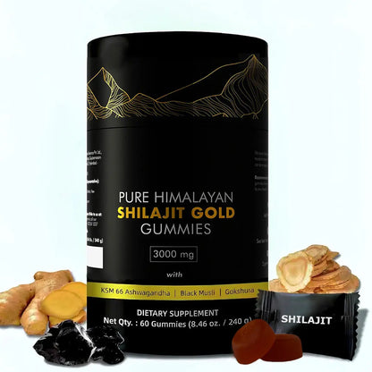 Allebuy Himalayan natural shilajit gummies dietary supplement bottle with ginger and herbs