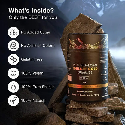 Allebuy Himalayan natural shilajit gummies supplement jar on rocks highlighting vegan and natural ingredients