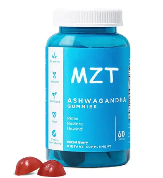 Allebuy MZT Ashwagandha gummies bottle with mixed berry flavor dietary supplement 60 count