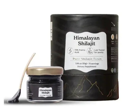 Allebuy Himalayan shilajit supplement with pure shilajit resin in black container and jar with applicator