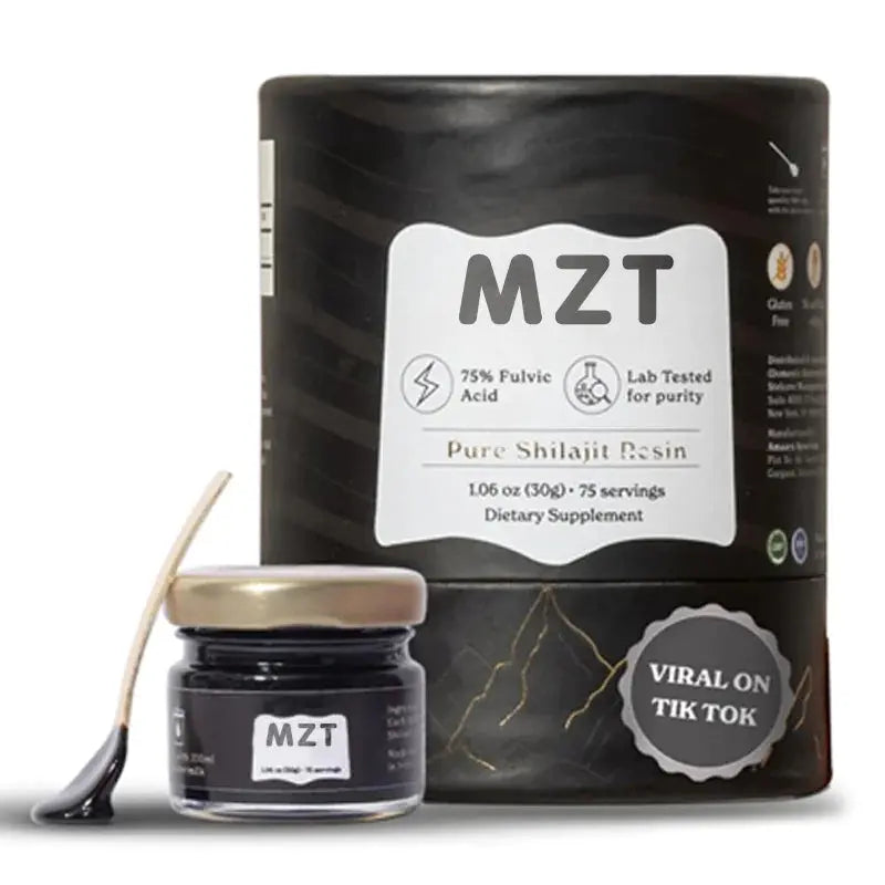 Allebuy Himalayan Shilajit MZT Pure Shilajit Resin supplement with spoon and black jar packaging