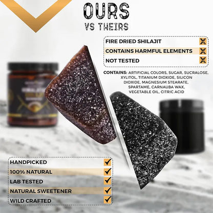 Allebuy pure himalayan shilajit supplement showing natural handpicked resin compared to artificial shilajit with harmful elements