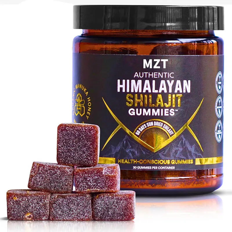 Allebuy pure himalayan shilajit gummies supplement jar with stacked red square gummies