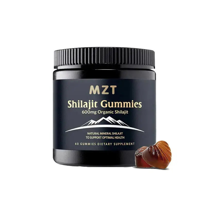 MZT Shilajit Gummies dietary supplement jar with 600mg organic shilajit and a single gummy beside it