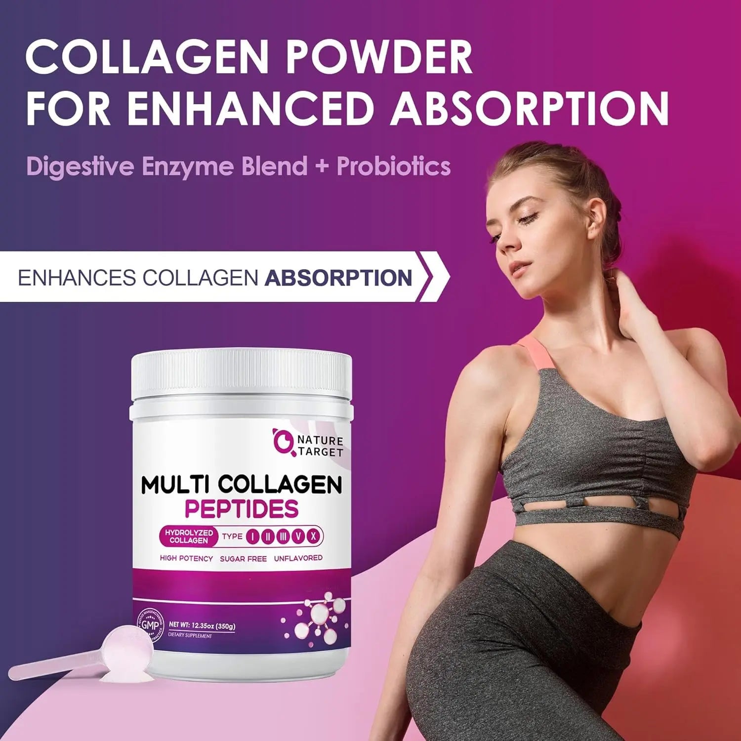 Allebuy collagen peptides by vital proteins supplement container with active woman in workout attire