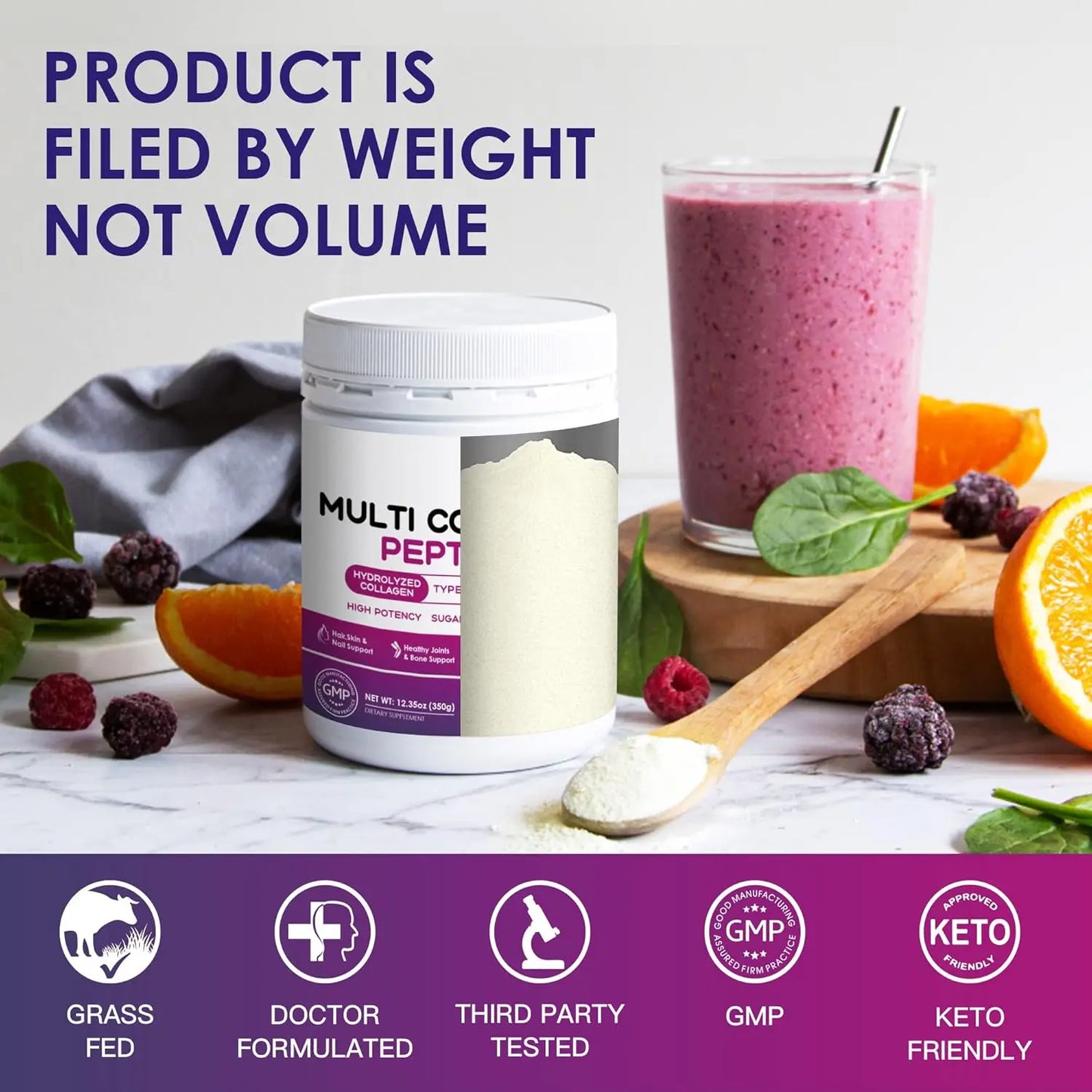 Allebuy supplement container of collagen peptides by vital proteins next to smoothie and fruit on marble surface