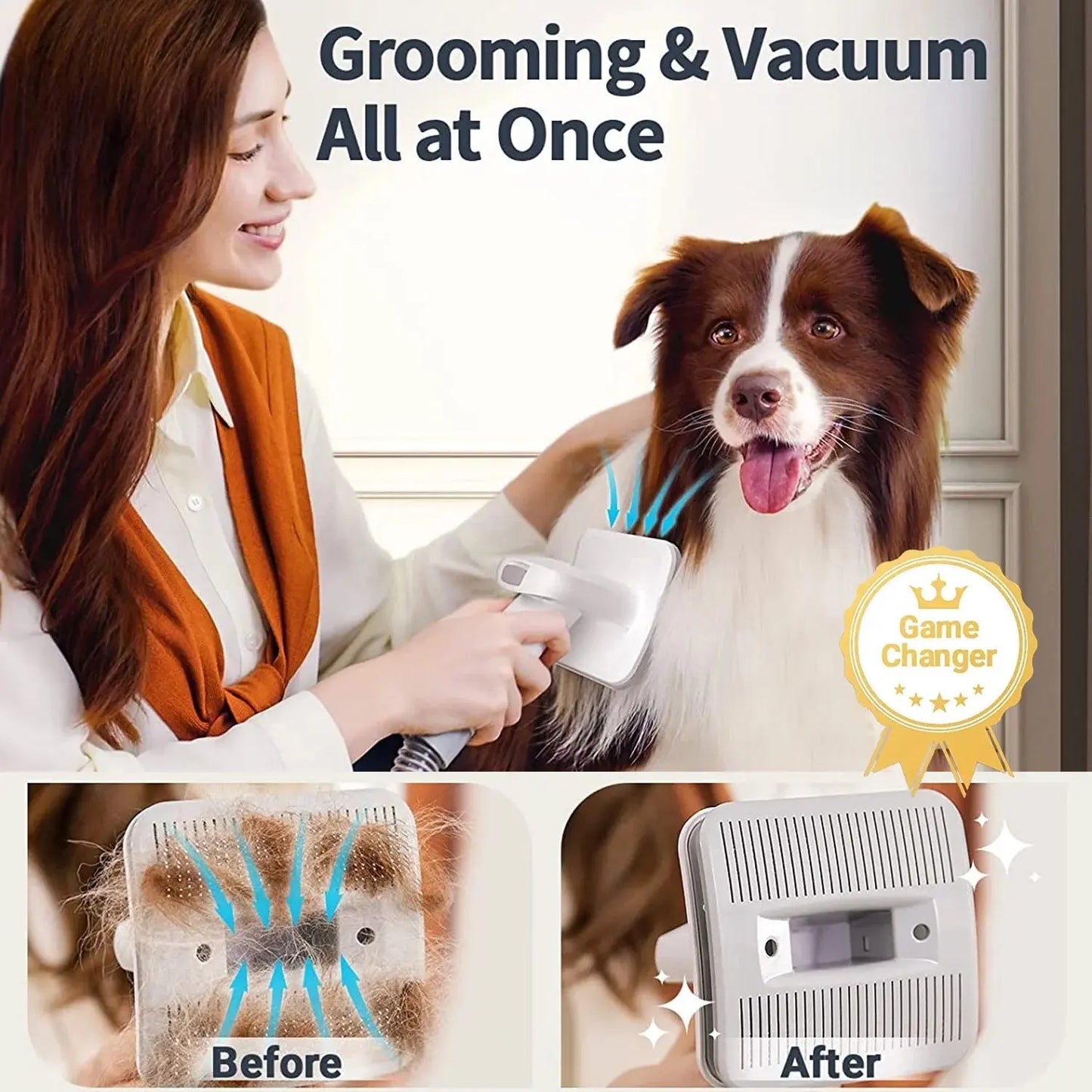Dog grooming closest to me tool by Allebuy showing grooming and vacuuming dog fur at once with before and after results