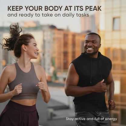 Active man and woman jogging outdoors promoting Allebuy immune system support supplements for energy and peak health