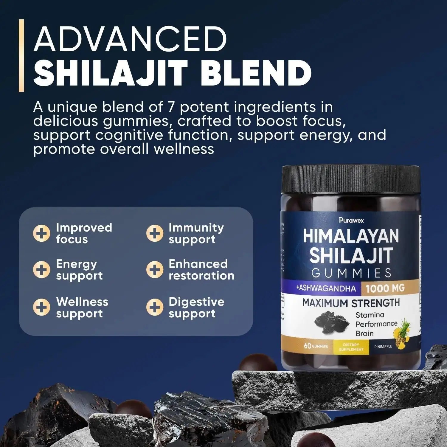 Allebuy immune system support supplements Advanced Shilajit Blend gummies with 1000 mg Ashwagandha
