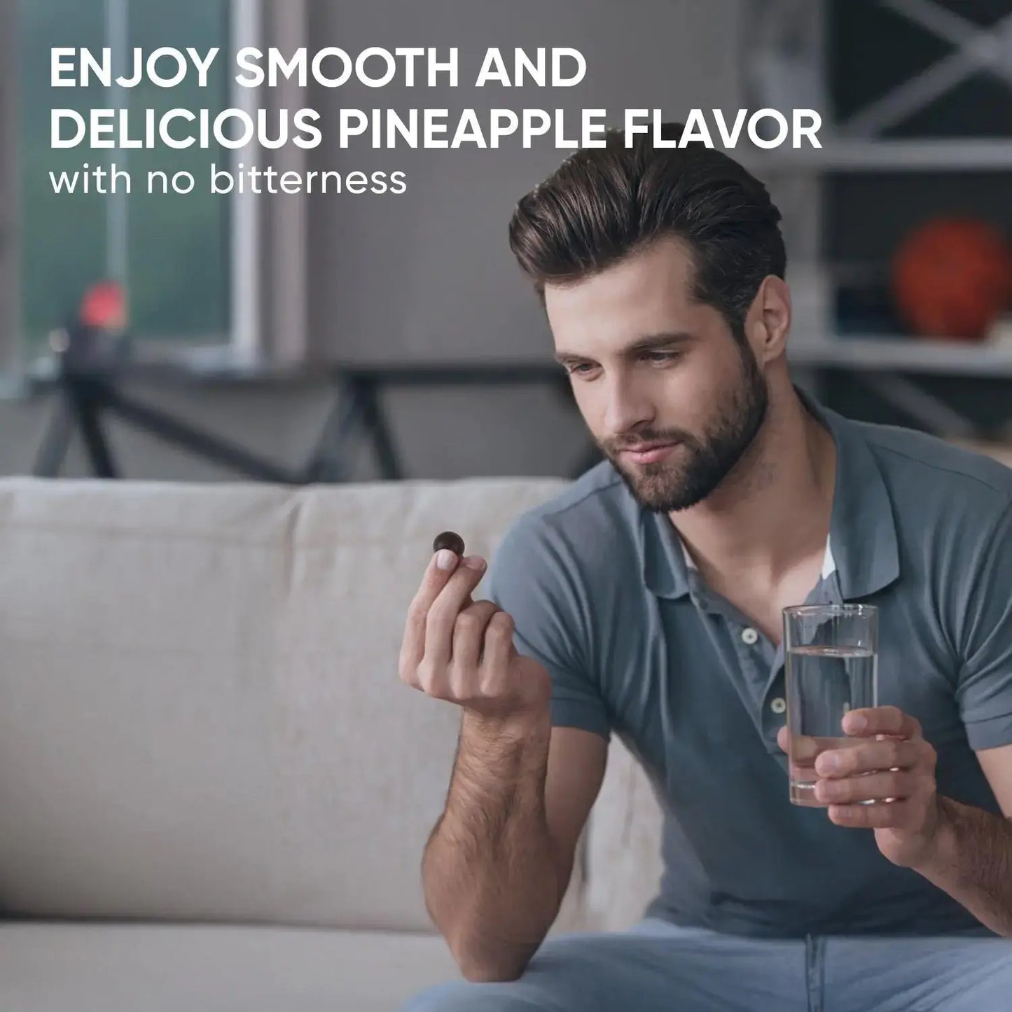 Man holding immune system support supplements and a glass of water enjoying pineapple flavor